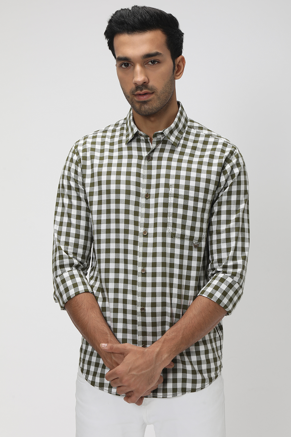 olive green and white shirt