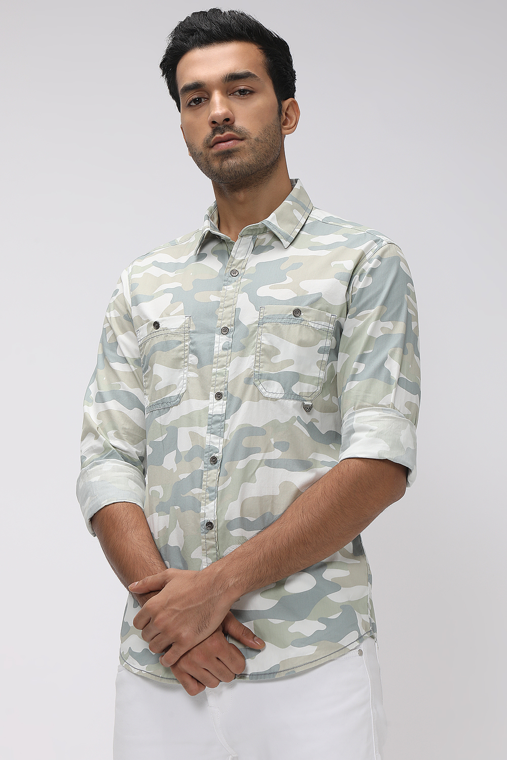 LIGHT OLIVE u0026 OFF WHITE CAMO PRINT PEACHED SLIM FIT CASUAL SHIRT