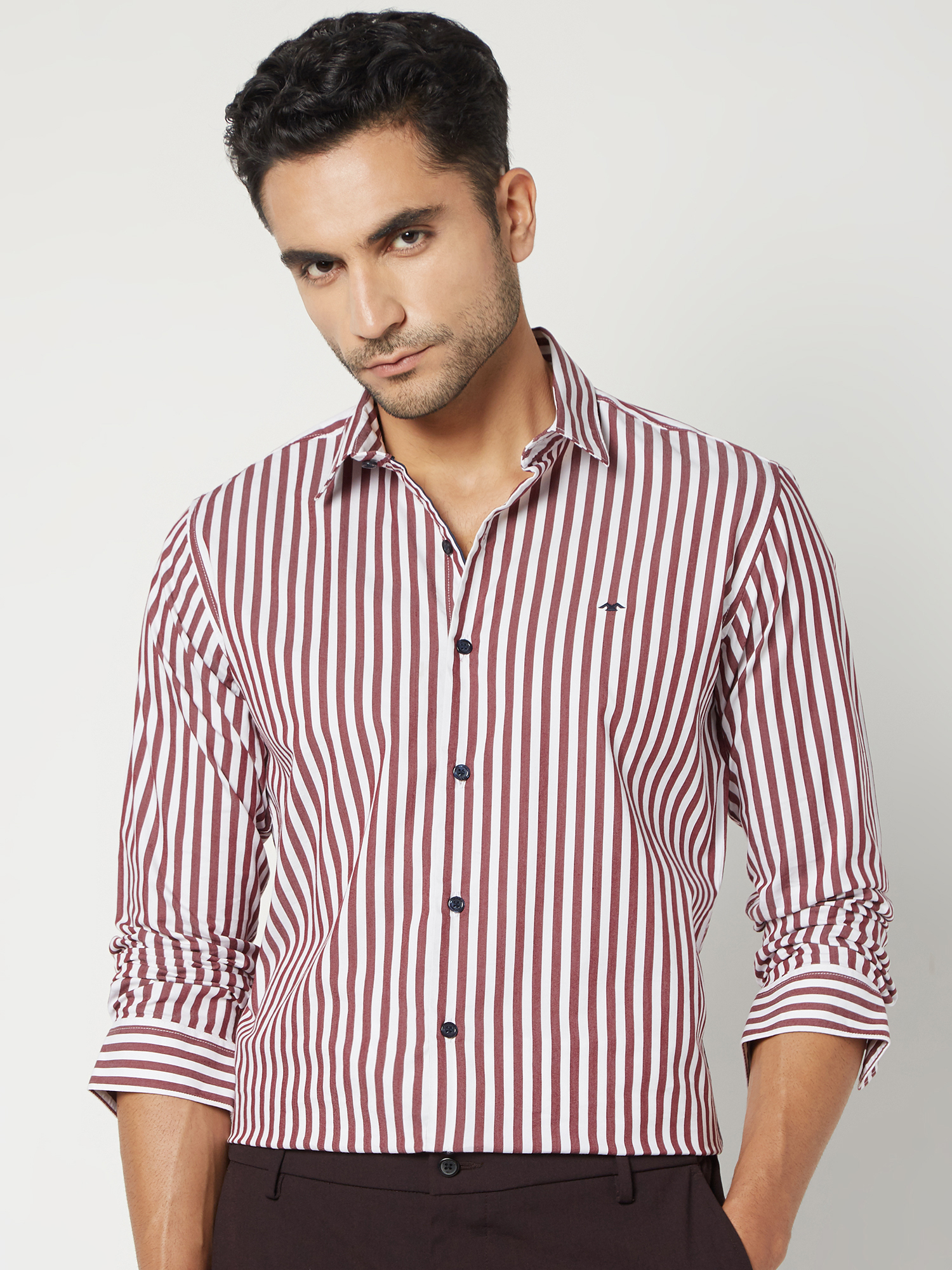 Maroon & White Candy Stripe Stretch Slim Fit Casual Shirt
