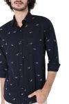 Navy & Off White Logo Print Slim Fit Casual Shirt