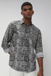 Grey & White Digital Print Slim Fit Casual Shirt