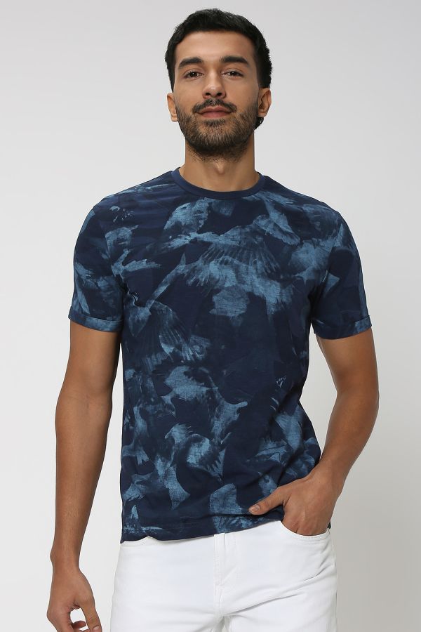 Navy Abstract Print Slub Jersey T-Shirt