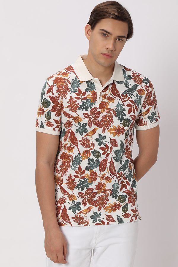 Off White & Multi Floral Print Pique Polo T-Shirt