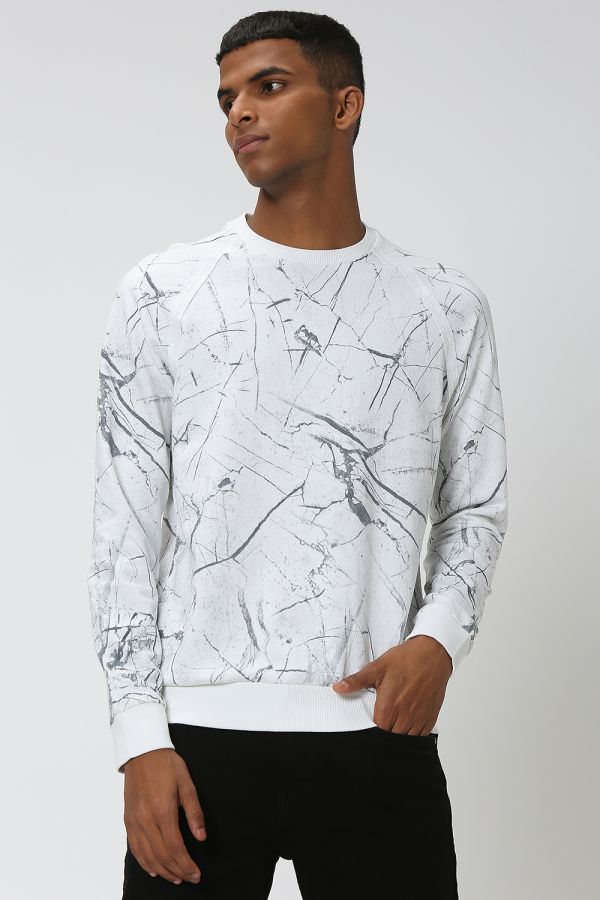 White Abstract Print Loopback Sweatshirt