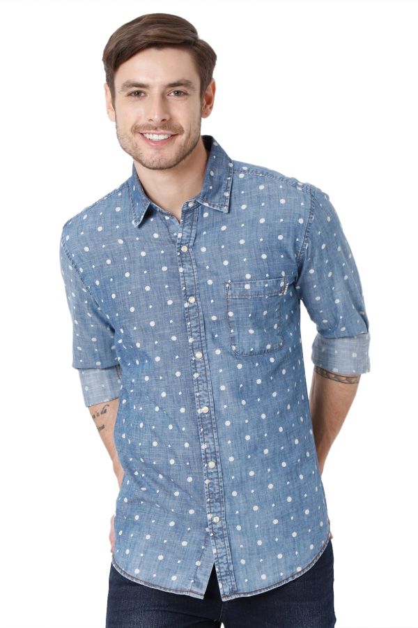 ICED LIGHT BLUE FLORAL DENIM SLIM FIT CASUAL SHIRT