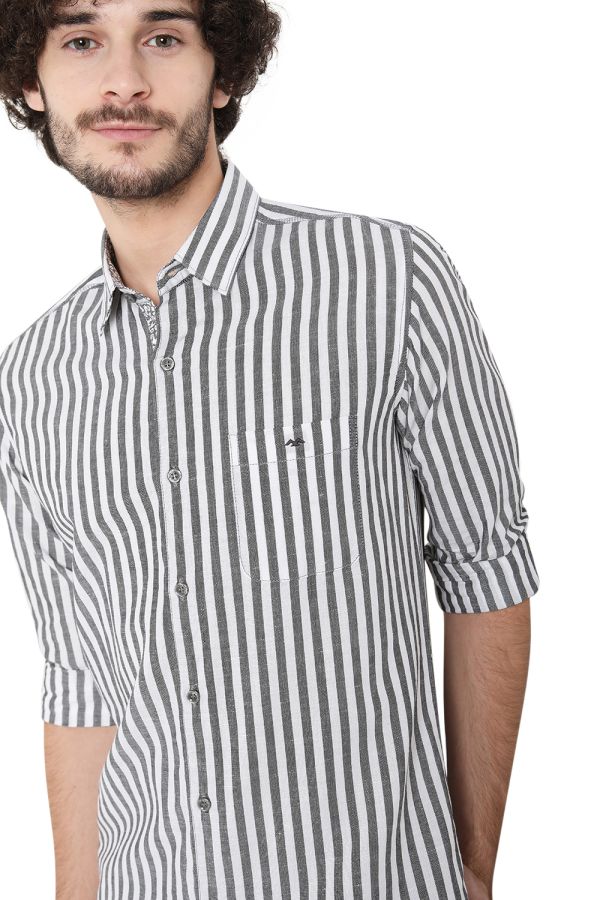 Charcoal & White Cotton Linen Stripe Slim Fit Casual Shirt
