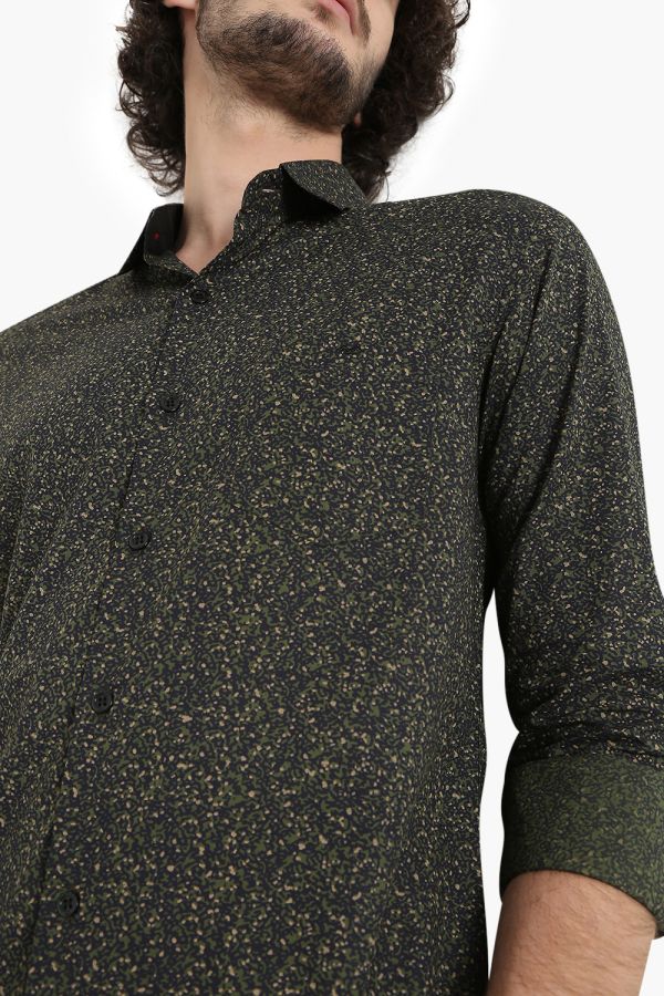 Olive & Black Micro Print Slim Fit Casual Shirt