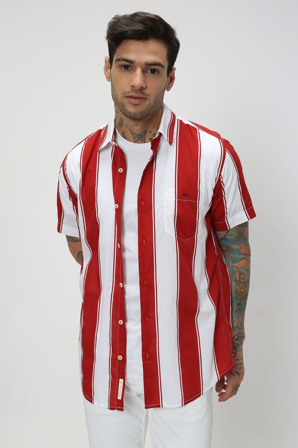 Red & White Resort Stripe Slim Fit Casual Shirt