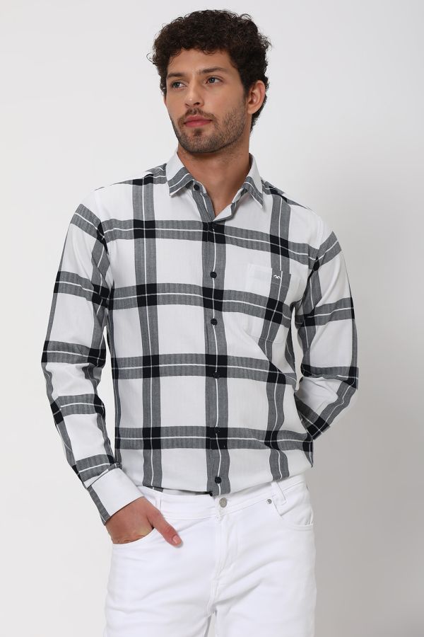 White Large Check Slim Fit Casual Shirt