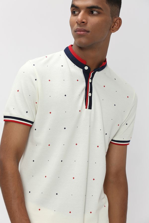 White & Red Geometric Print Henley