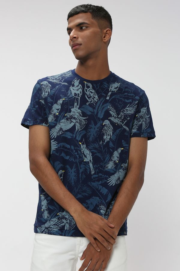 Navy & White Leaf Print Polo T-Shirt