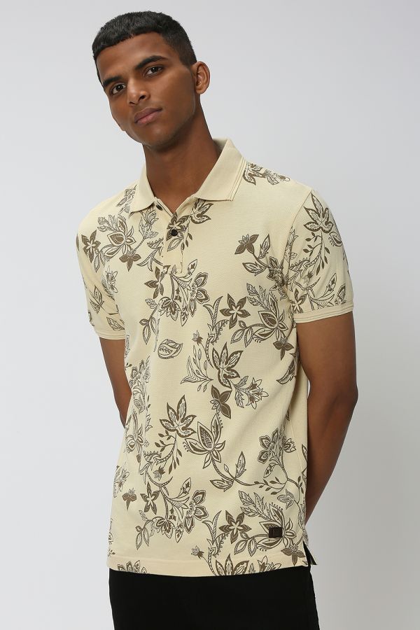 Beige & Brown Floral Print Pique Polo T-Shirt