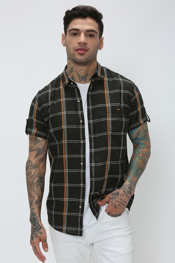 Charcoal & White Large Check Slim Fit Casual Shirt