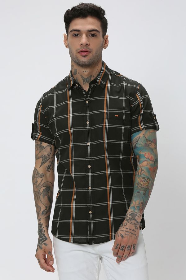 Charcoal & White Large Check Slim Fit Casual Shirt