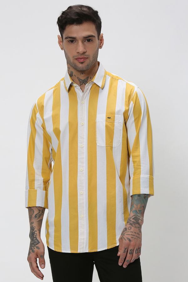 Yellow & White Awning Stripe Slim Fit Casual Shirt