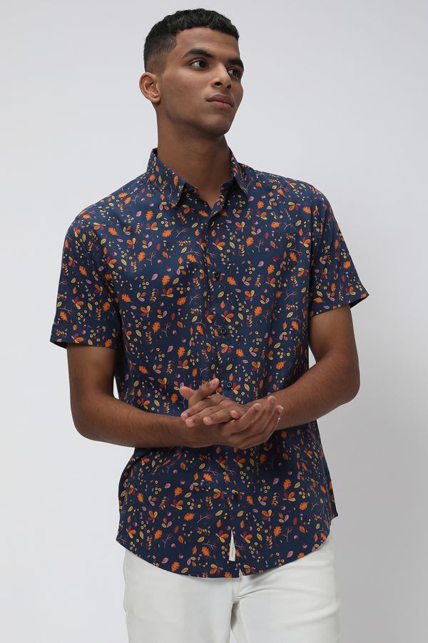 Blue & Multi Floral Print Slim Fit Casual Shirt