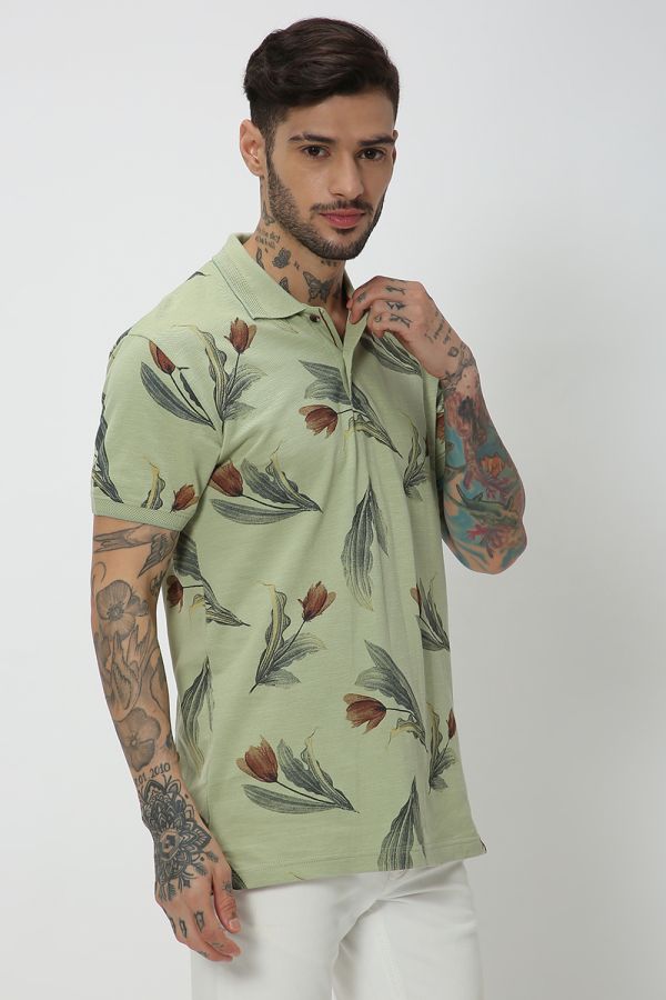 Light Olive & Rust Print Pique Polo T-Shirt