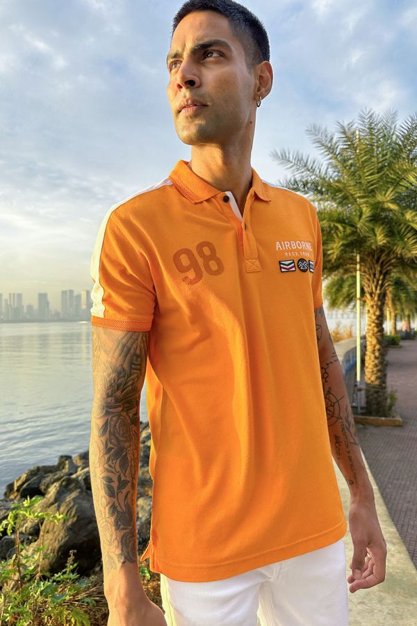 Orange & White Cut & Sew Pique Polo T-Shirt