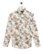 Off White & Khaki Leaf Print Slim Fit Casual Shirt