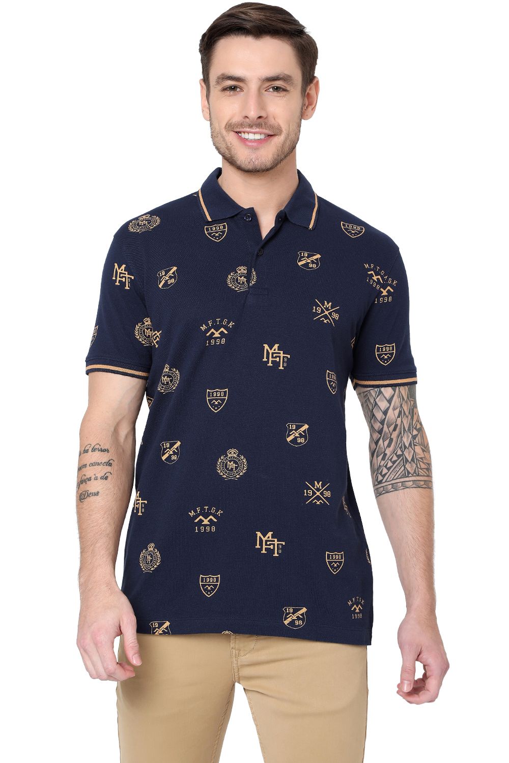 NAVY BADGE PRINT SLIM FIT PIQUE POLO