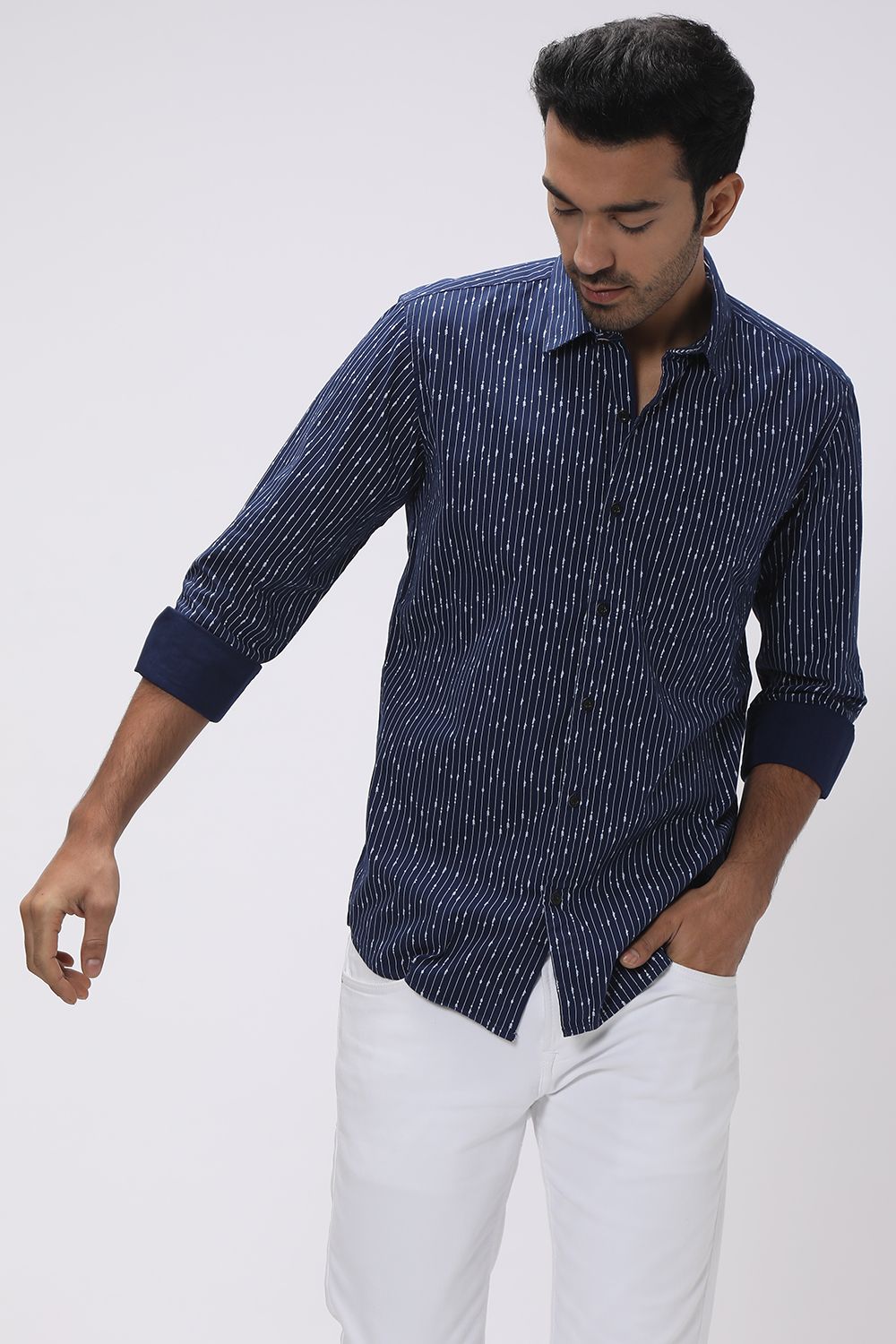 NAVY BLUE & WHITE NARROW STRIPE SLIM FIT CASUAL SHIRT