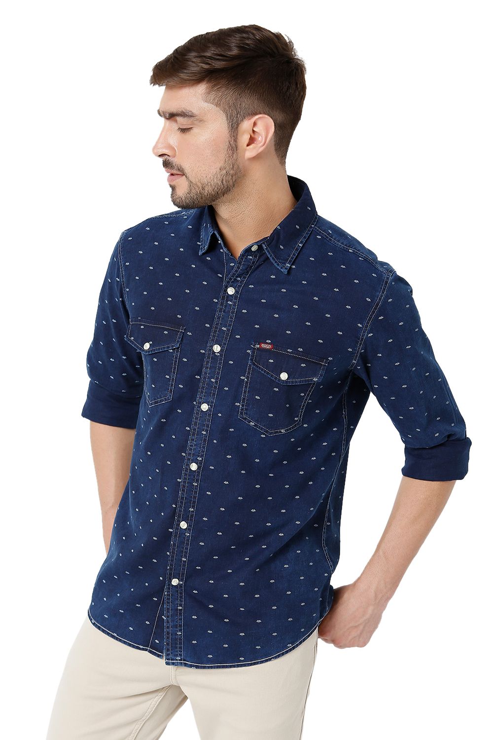 Dark Indigo Blue & White Print Slim Fit Casual Shirt