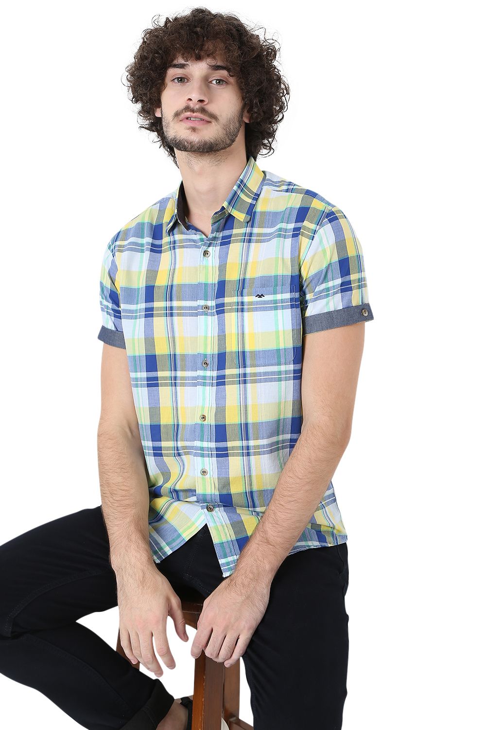 Yellow & Navy Bright Check Slim Fit Casual Shirt