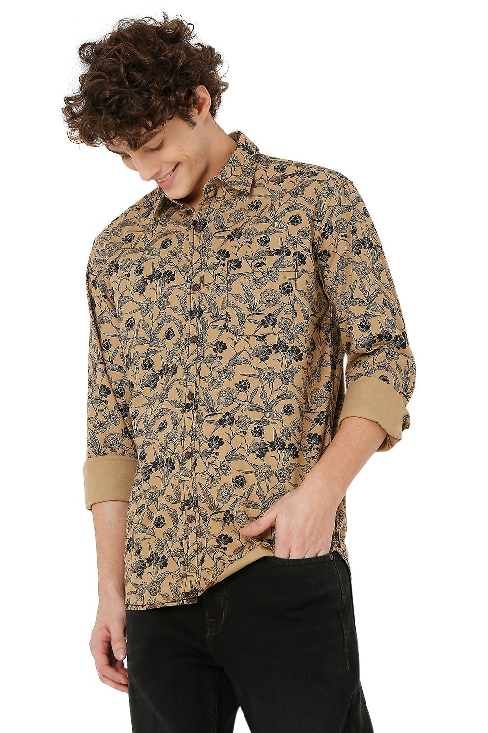 Khaki & Black Floral Print Slim Fit Casual Shirt