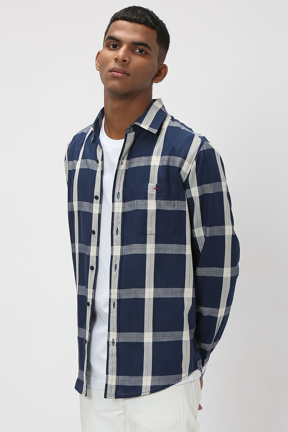 Navy & White Windowpane Check Slim Fit Casual Shirt