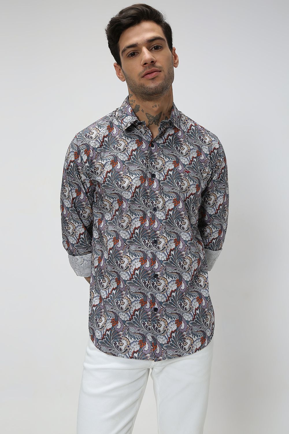 Light Grey & White Digital Print Slim Fit Casual Shirt