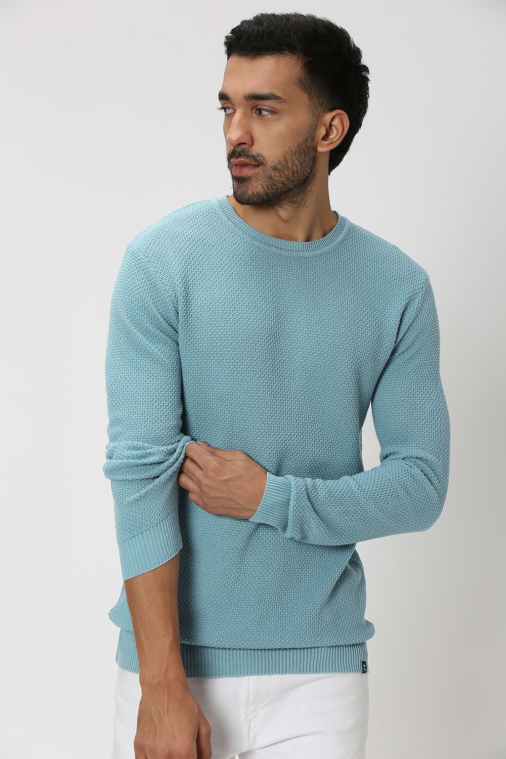 Light Blue Textured Slim Fit Sweater