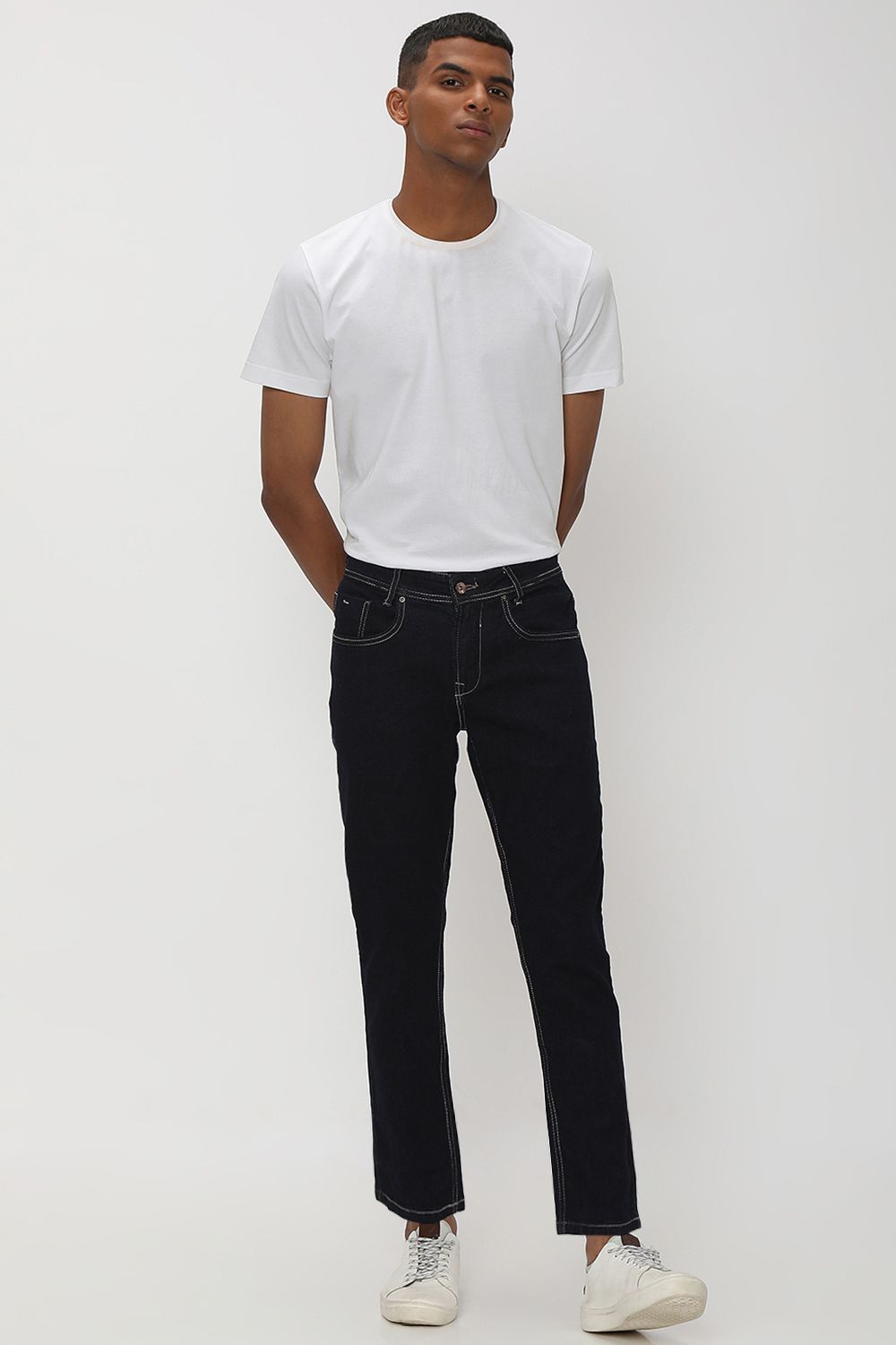 Indigo Blue Ankle Length Distressed Stretch Jeans