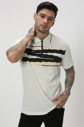 White & Black Tipped Collar Pique Polo T-Shirt
