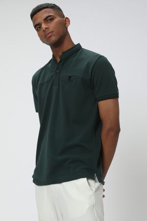 Green & Black Cut & Sew Pique Henley T-Shirt