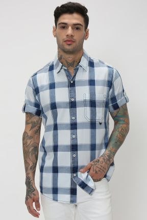 Indigo Blue & White Large Check Slim Fit Casual Shirt