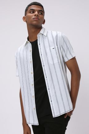 Navy & White Printed Stripe Slim Fit Casual Shirt