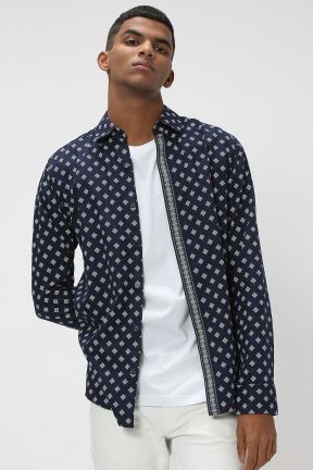 Navy & White Artisanal Print Slim Fit Casual Shirt