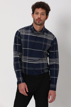 Navy Printed Check Lightweight Shirt
