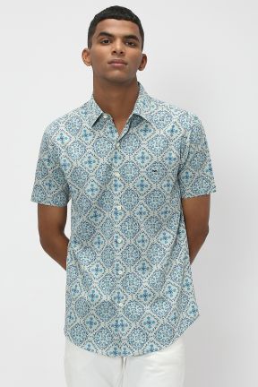 Turquoise Tileprint Slim Fit Casual Shirt