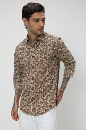 Beige Paisley Print Slim Fit Casual Shirt
