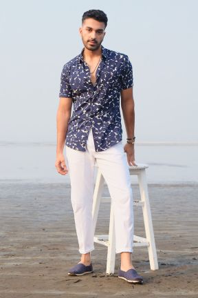Navy & White Floral Print Slim Fit Casual Shirt